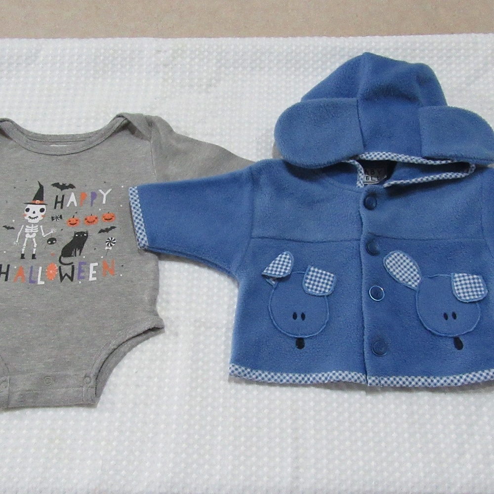 Baby 3 months blue top &  3- 6 months grey onesie